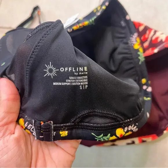 NWT Aerie Offline Goals Plunge Sports Bra 2 Pack Maroon Black Floral Small Mesh - Picture 15 of 16